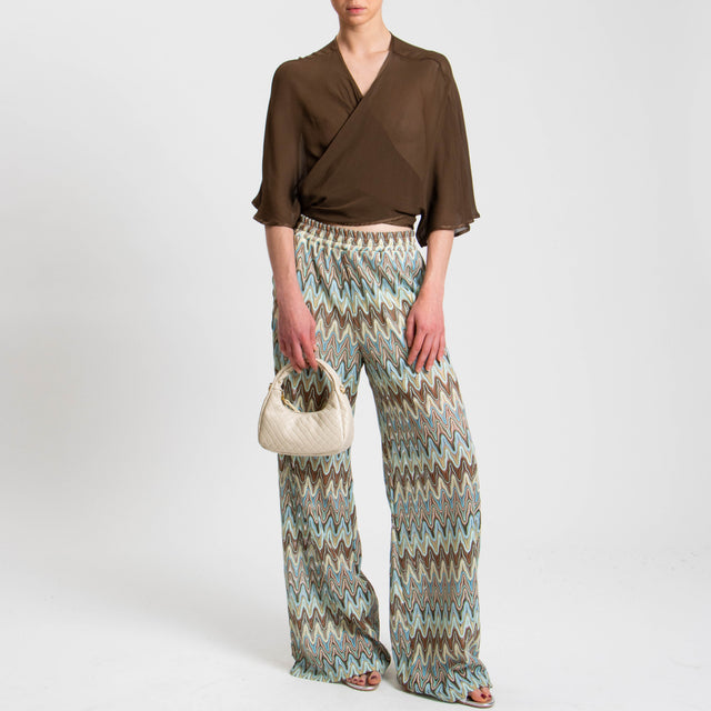 Tensione in-Pantalone fantasia geometrica in maglia lavorata - celeste/moro/acqua