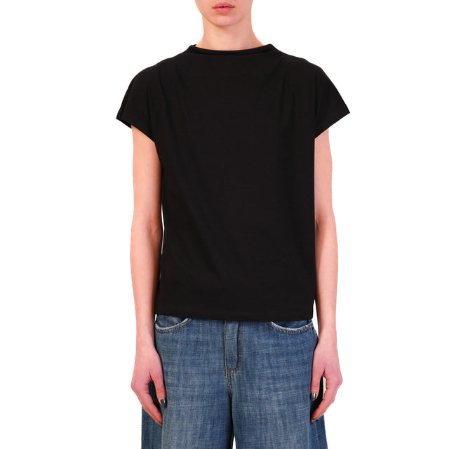 Tensione in-T-shirt in cotone elasticizzato bottone dietro - nero
