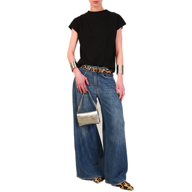 Tensione in-T-shirt in cotone elasticizzato bottone dietro - nero