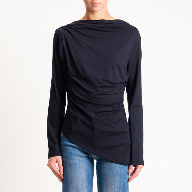 Tensione in- T-shirt in jersey asimmetrico arricciatura laterale - nero