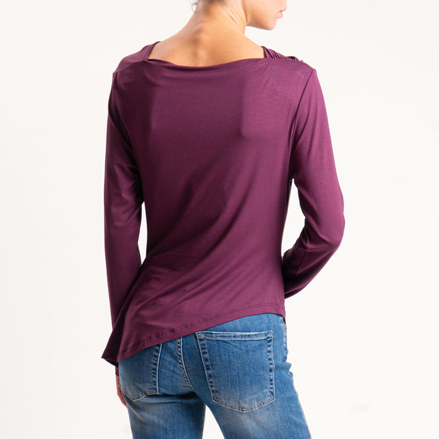 Tensione in- T-shirt in jersey asimmetrico arricciatura laterale - prugna