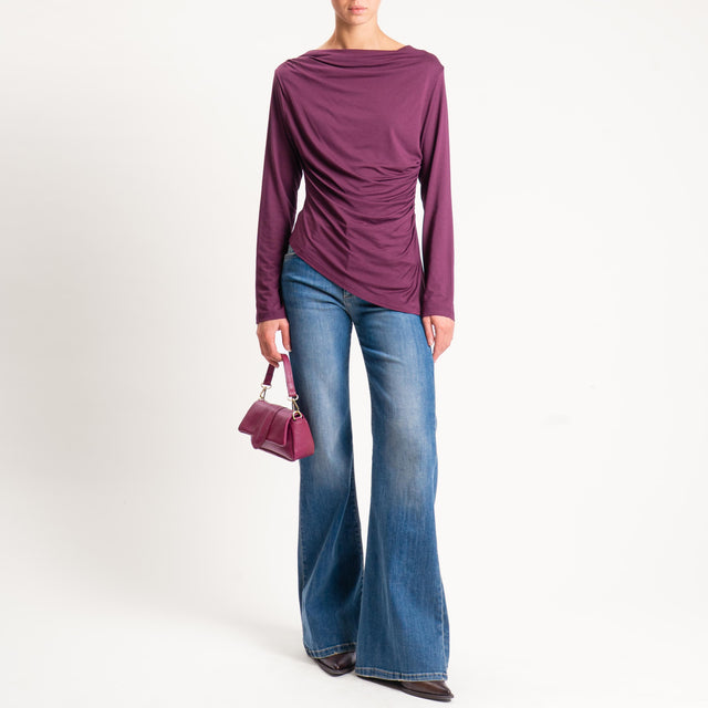 Tensione in- T-shirt in jersey asimmetrico arricciatura laterale - prugna