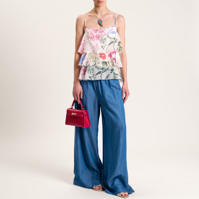 Tensione in-Top mussola fantasia floreale con balze - latte/rosa/verde