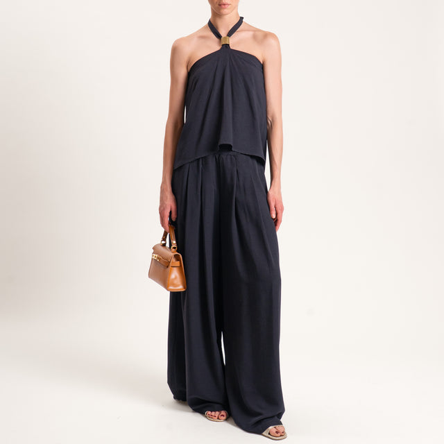 Tensione in-Completo top e pantalone misto lino - nero
