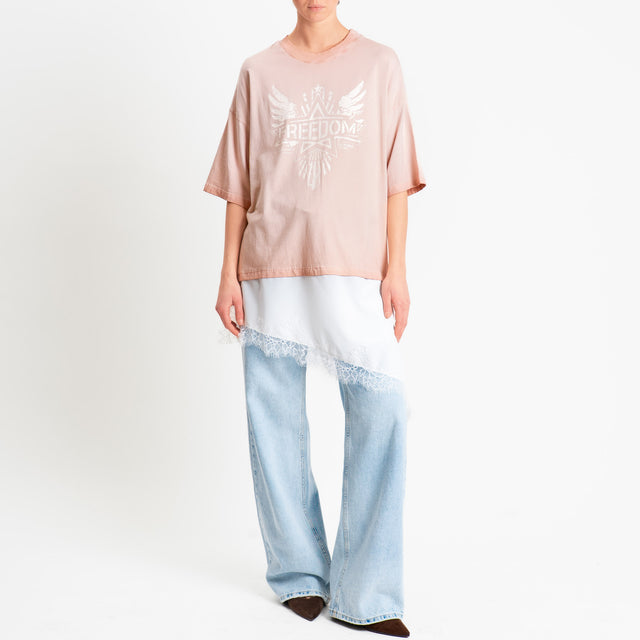 Tensione in-T-shirt "FREEDOM" con pizzo - rosa