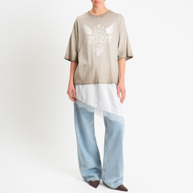 Tensione in-T-shirt "FREEDOM" con pizzo - taupe