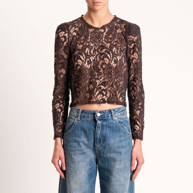 Tensione in-Blusa in pizzo bottone dietro - moro