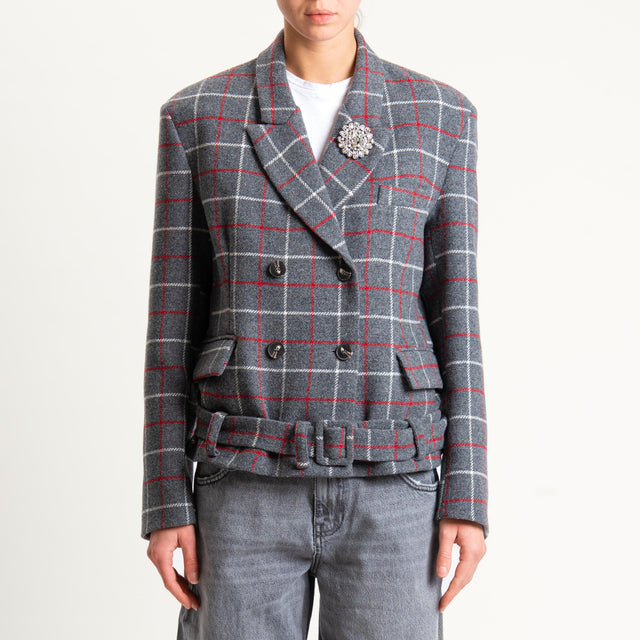 Tensione in- Giacca check doppiopetto con spilla - grigio/latte/red