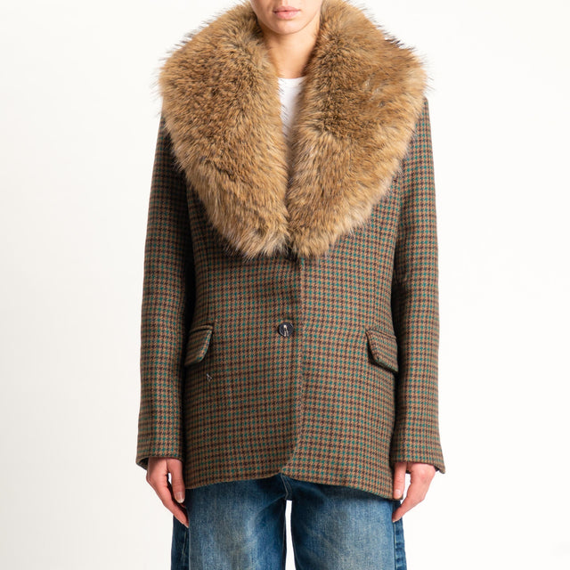 Tensione in-Giacca pied de poule con ecopelliccia misto lana - beige/moro/verde