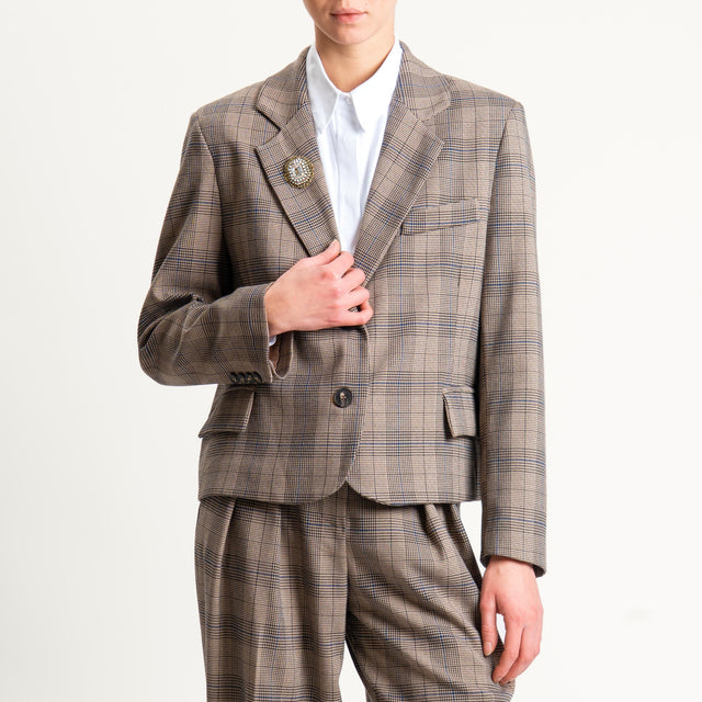 Tensione in- Giacca crop principe di galles con spilla - beige/nero/avio