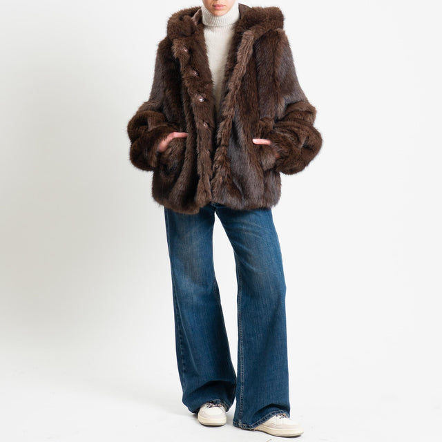 Tensione in-Ecopelliccia con cappuccio - moro