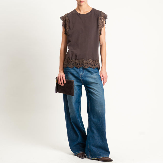 Tensione in-T-shirt smanicata con pizzo - moro/moro
