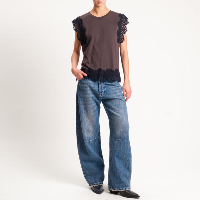 Tensione in-T-shirt smanicata con pizzo - moro/nero