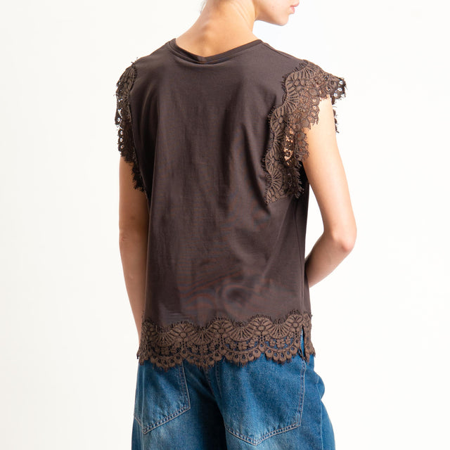 Tensione in-T-shirt smanicata con pizzo - moro/moro