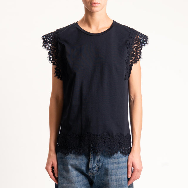 Tensione in-T-shirt smanicata con pizzo - nero