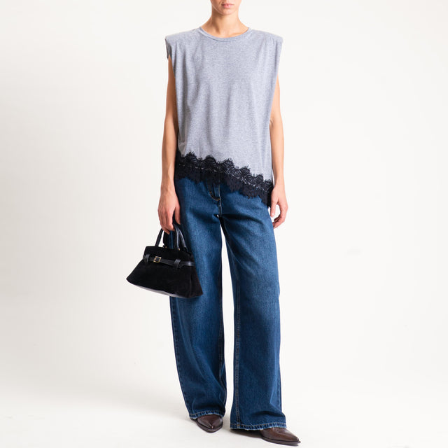 Tensione in- T-shirt asimmetrica spalline con pizzo - grigio/nero
