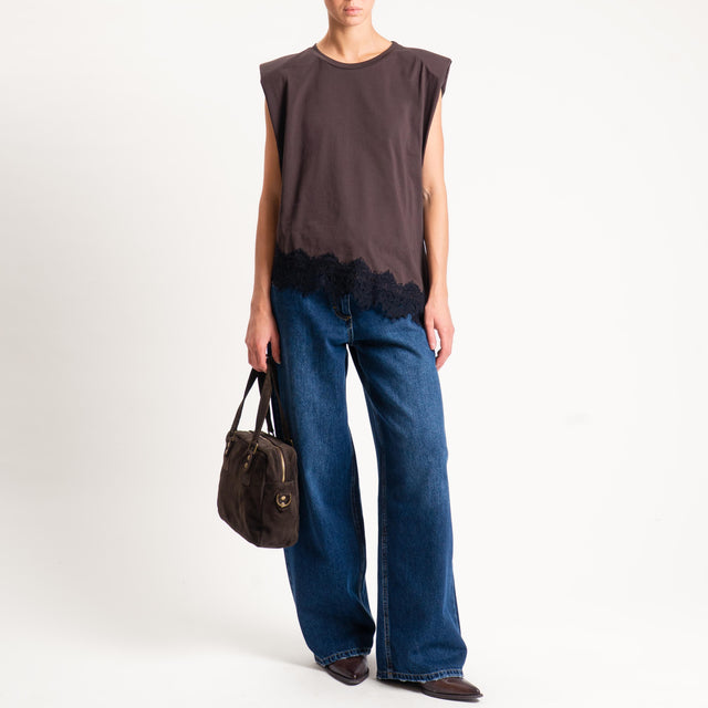 Tensione in- T-shirt asimmetrica spalline con pizzo - moro/nero