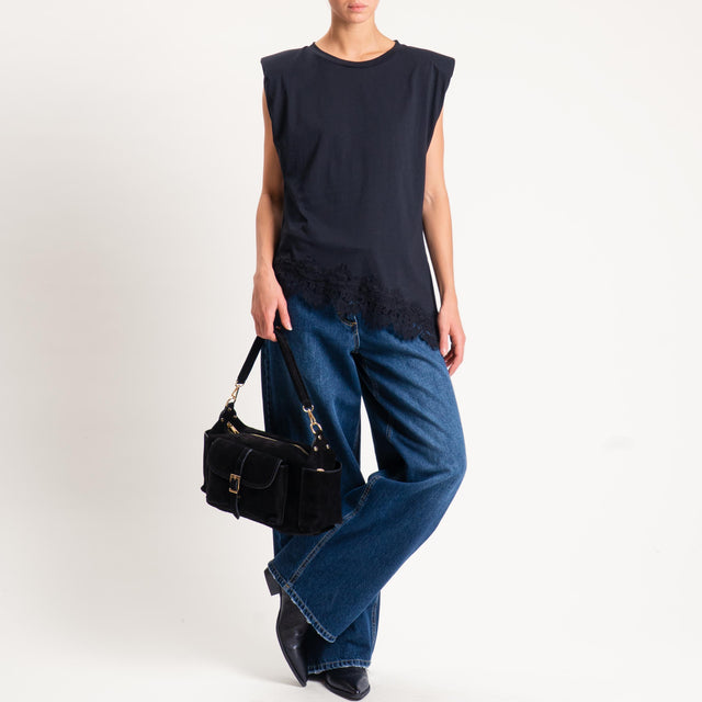 Tensione in- T-shirt asimmetrica spalline con pizzo - nero