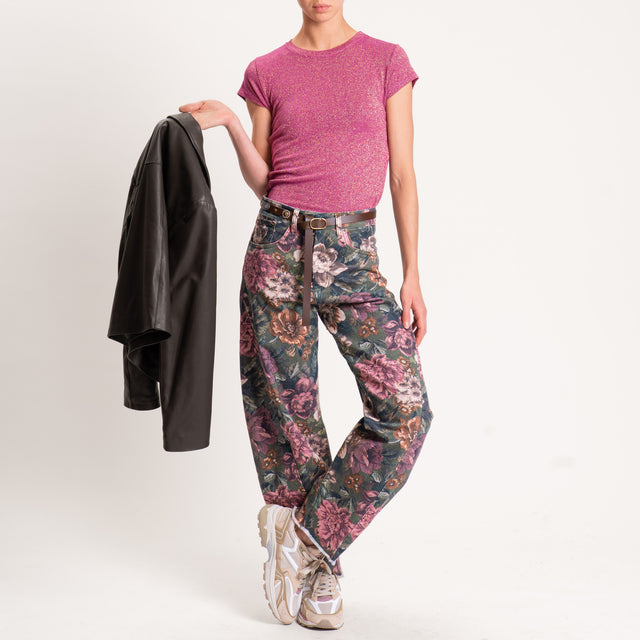 Tensione in-Pantalone fantasia floreale con cintura - verde/cuoio/rosa
