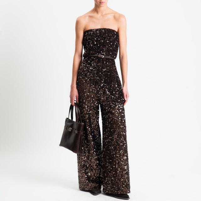 Tensione in-Pantalone wide leg con paillettes elastico in vita - moro