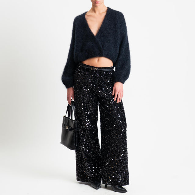 Tensione in-Pantalone wide leg con paillettes elastico in vita - nero