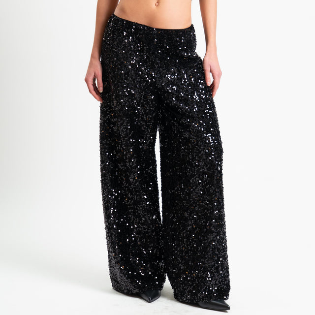 Tensione in-Pantalone wide leg con paillettes elastico in vita - nero