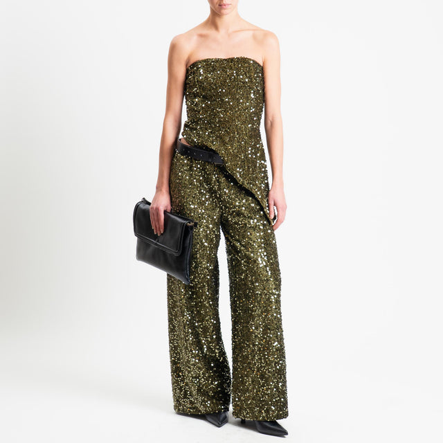 Tensione in-Pantalone wide leg con paillettes elastico in vita - militare