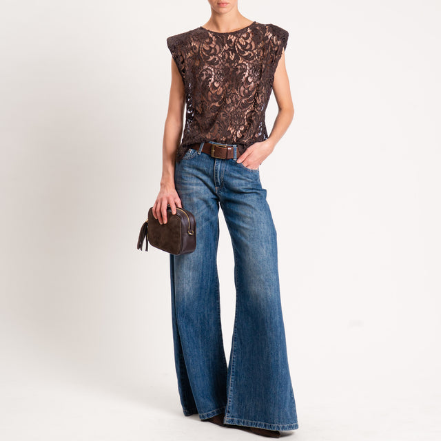 Tensione in-Blusa smanicata in pizzo con spalline - moro