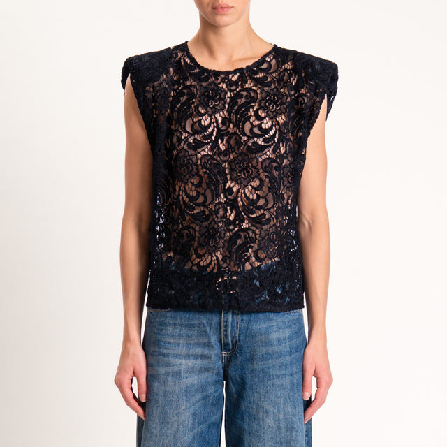 Tensione in-Blusa smanicata in pizzo con spalline - nero