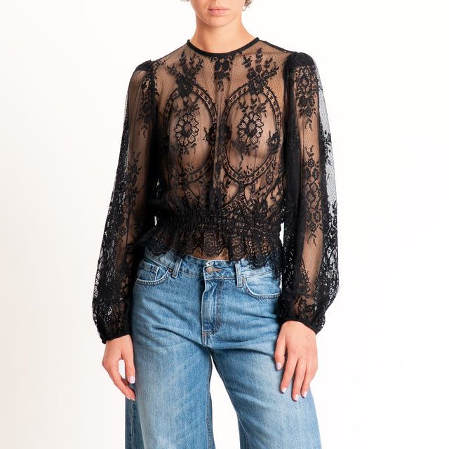 Tensione in-Blusa in pizzo bottone dietro - nero