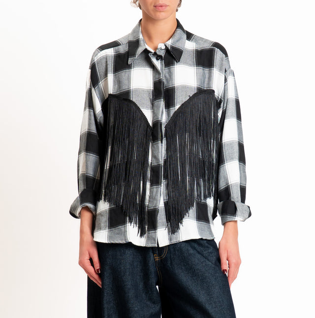 Tensione in-Camicia check con frange - latte/nero