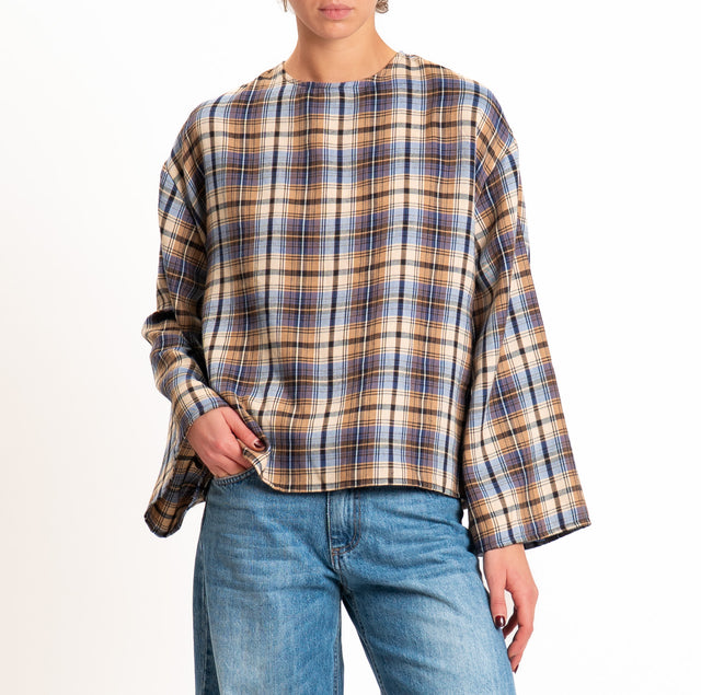 Tensione in-Blusa check manica ampia - bluette/cuoio/sand
