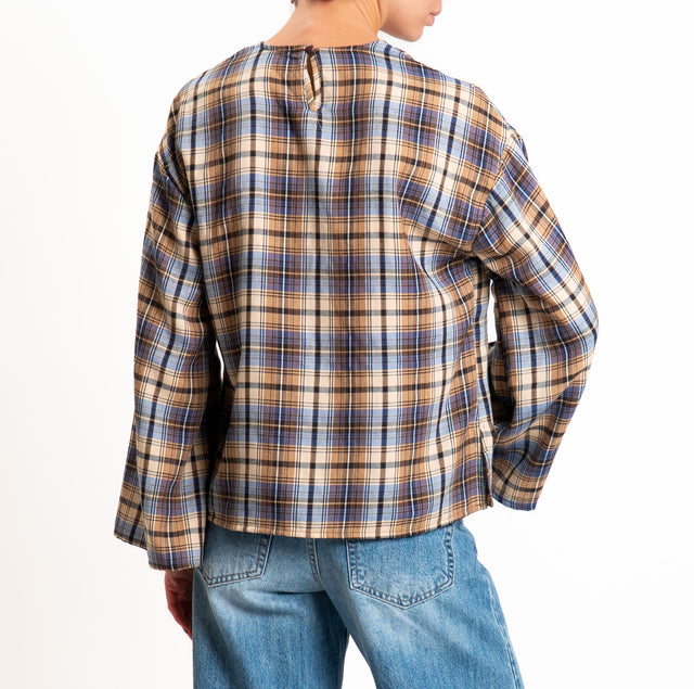Tensione in-Blusa check manica ampia - bluette/cuoio/sand