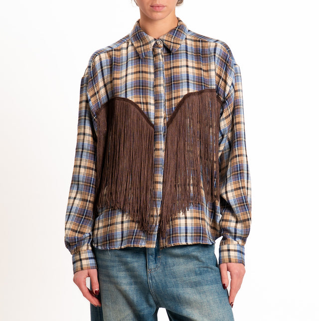 Tensione in-Camicia check con frange - bluette/cuoio/sand