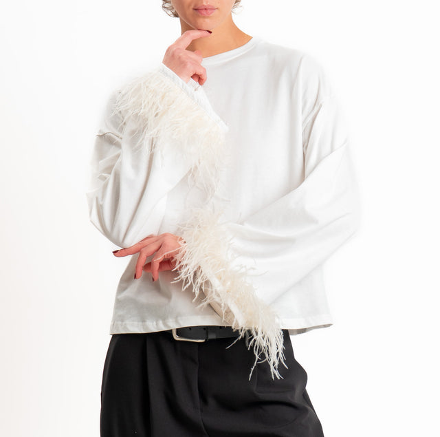 Tensione in-T-shirt manica con piume - panna