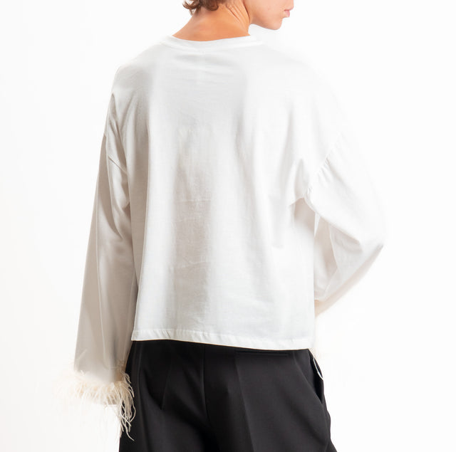 Tensione in-T-shirt manica con piume - panna