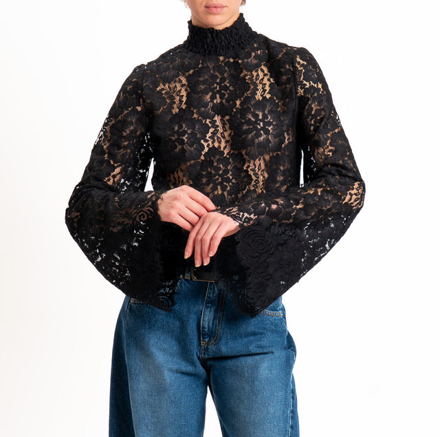 Tensione in-Blusa pizzo collo montato manica ampia - nero