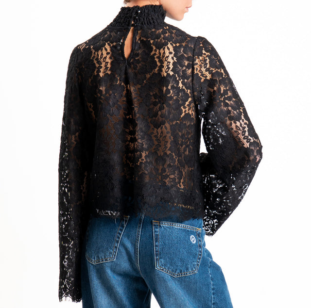 Tensione in-Blusa pizzo collo montato manica ampia - nero