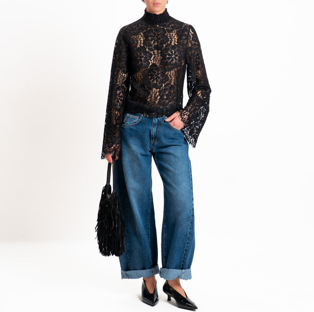 Tensione in-Blusa pizzo collo montato manica ampia - nero