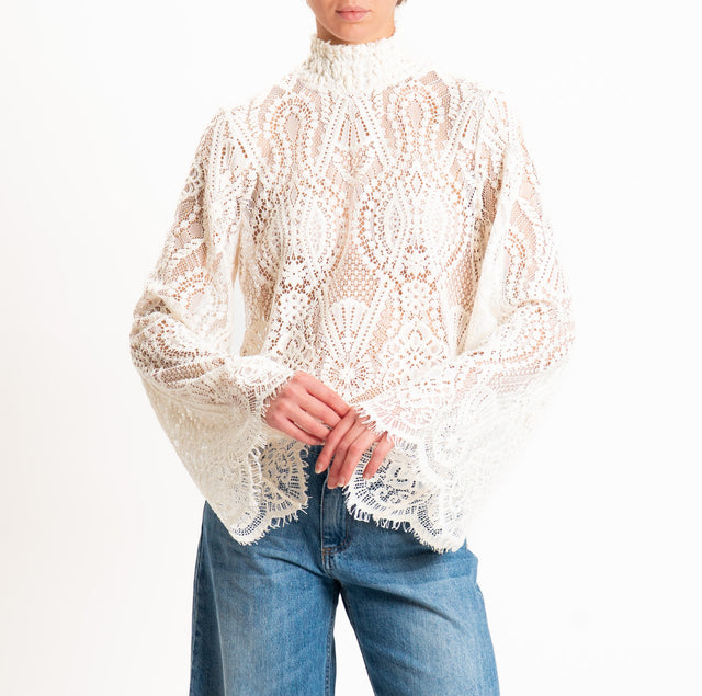 Tensione in-Blusa in pizzo collo montato manica ampia - burro
