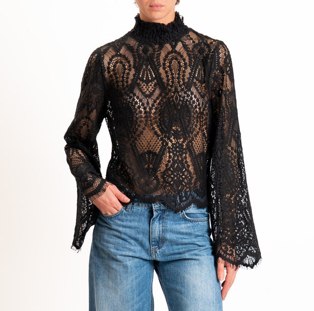 Tensione in-Blusa in pizzo collo montato manica ampia - nero