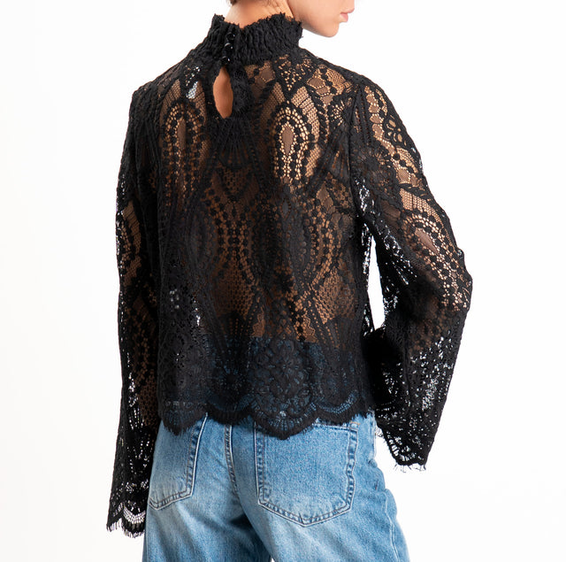 Tensione in-Blusa in pizzo collo montato manica ampia - nero