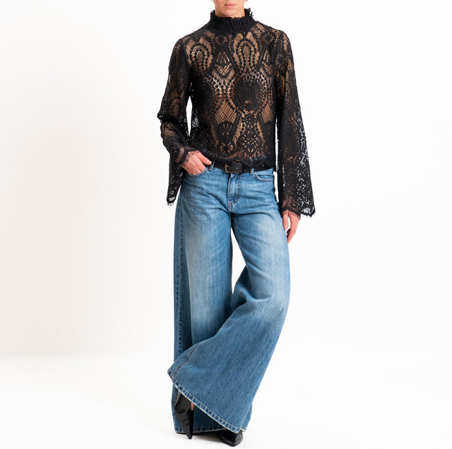 Tensione in-Blusa in pizzo collo montato manica ampia - nero