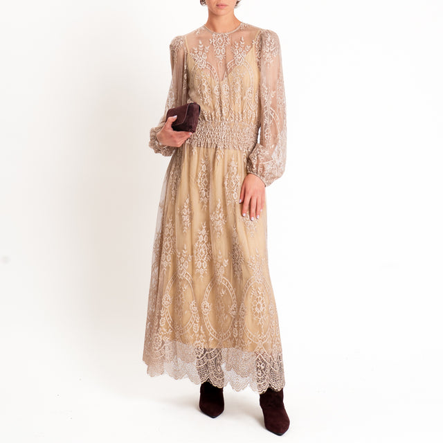 Tensione in-Abito in pizzo elastico in vita - beige
