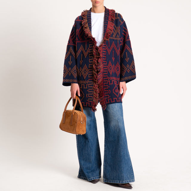 Tensione in-Cardigan jaquard con frange - blu/moro/rosso