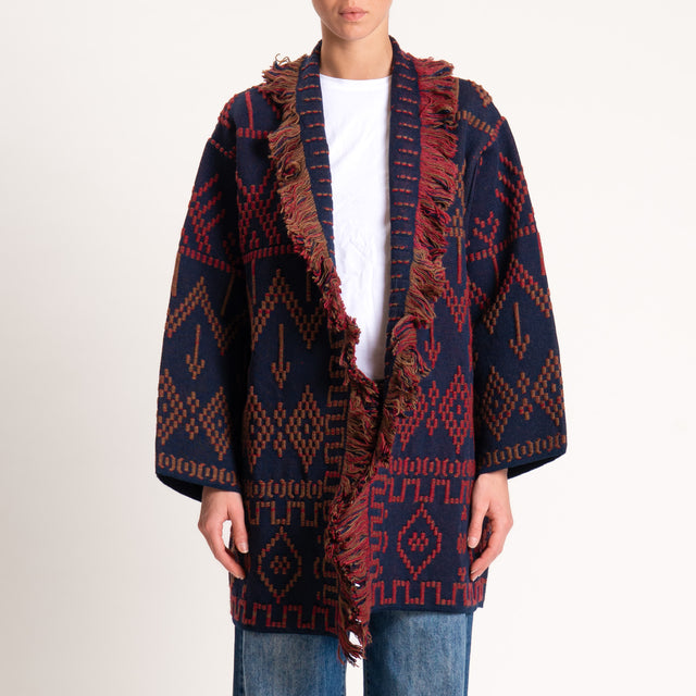 Tensione in-Cardigan jaquard con frange - blu/moro/rosso