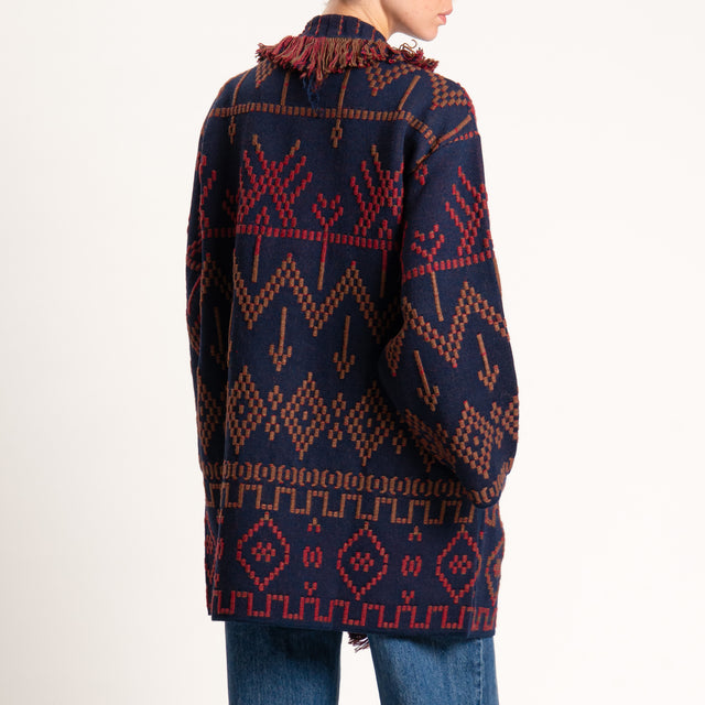 Tensione in-Cardigan jaquard con frange - blu/moro/rosso