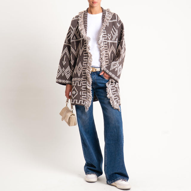 Tensione in-Cardigan jaquard con frange - moro/sand/burro