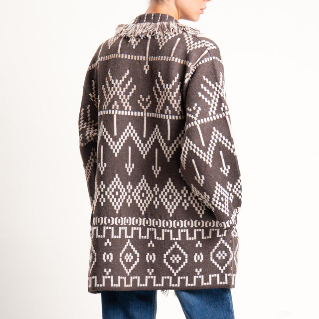 Tensione in-Cardigan jaquard con frange - moro/sand/burro