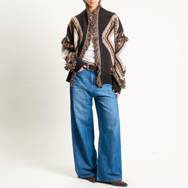 Tensione in-Cardigan rombi con frange - brown/sand/off white